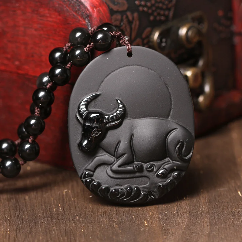 Естественный Мужской и женский обсидиан Двенадцать Знак зодиака бык кулон зло