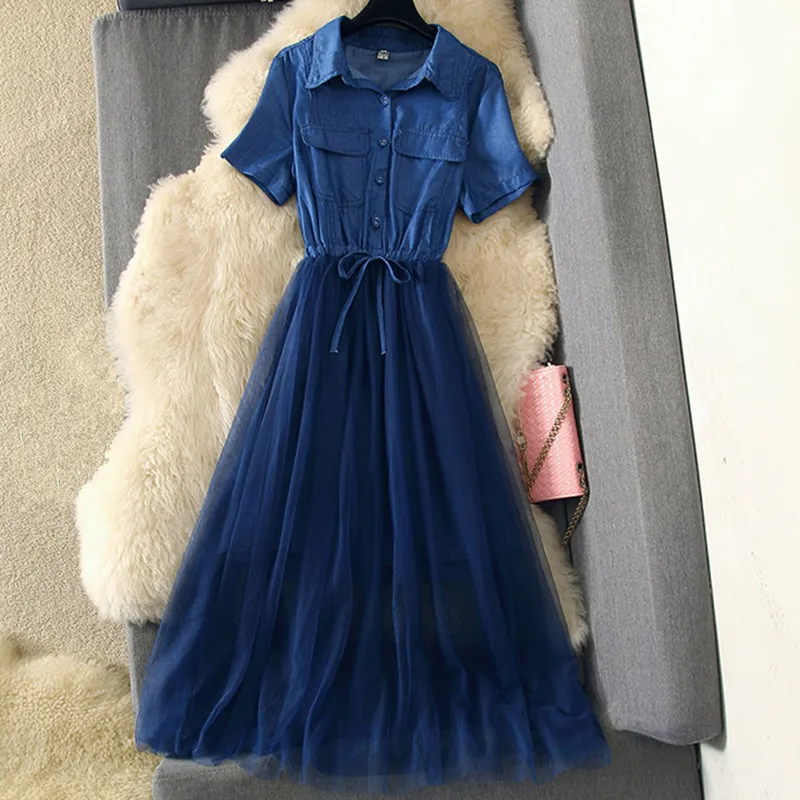 Летнее платье 2019 модное лоскутное джинсовое Сетчатое облегающее длинное до