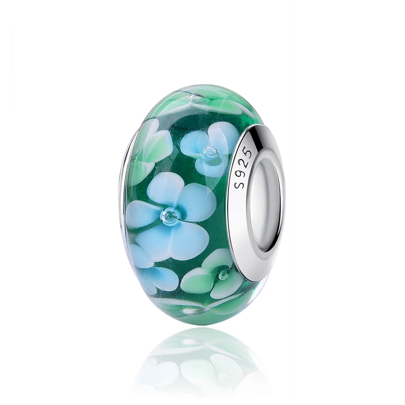 Fit Pandora браслет Серебро 925 пробы талисманы сердце Микки из муранского стекла с изображением цветка бусины для женщин Diy ювелирные изделия - Цвет: Flower Green