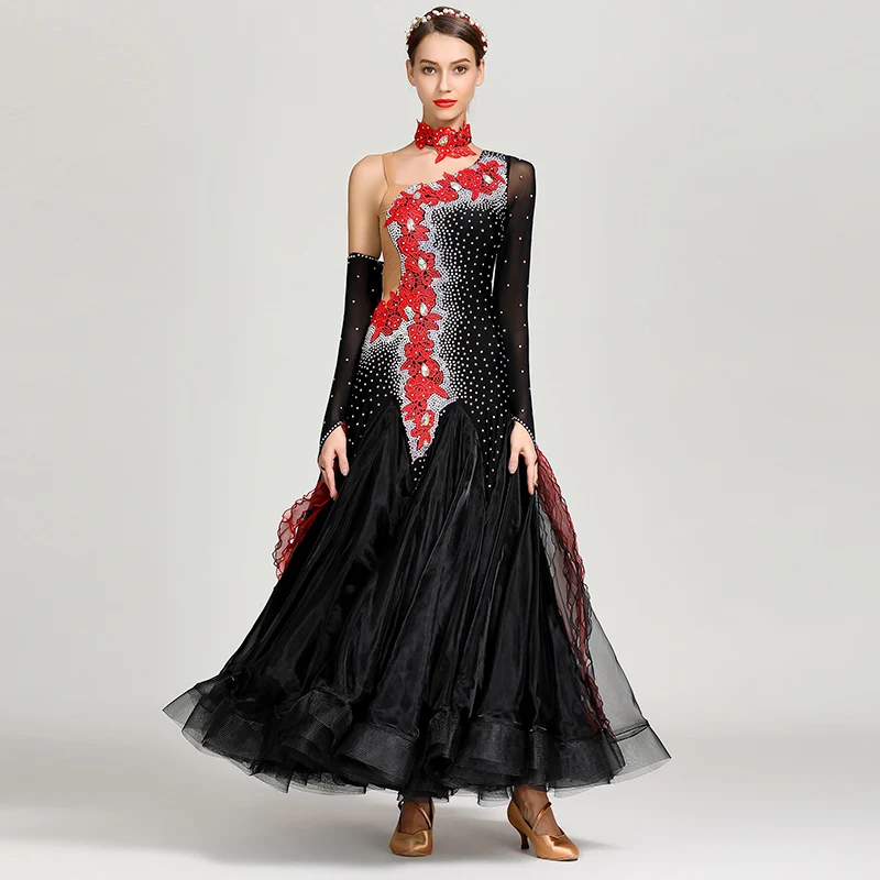 Черное стандартное бальное платье женские платья для соревнований бальных