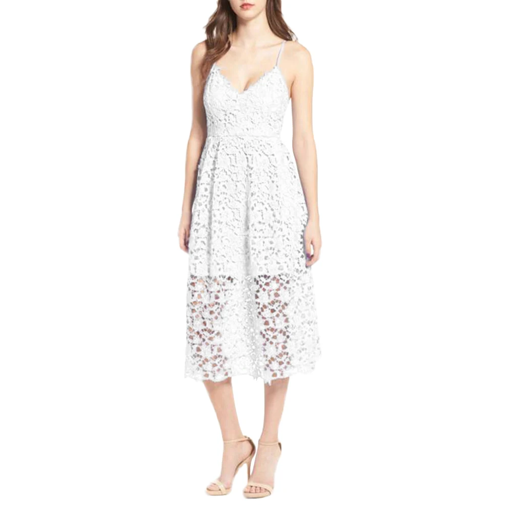 Летнее пляжное вечернее женское кружевное платье миди с v образным вырезом и