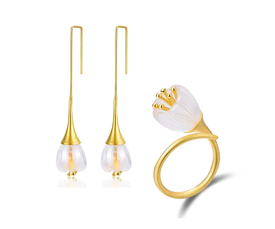 Lotus Fun Настоящее серебро 925 проба, натуральный кристалл ручной работы, дизайнерские ювелирные изделия, нежный свежий цветок, набор украшений для женщин