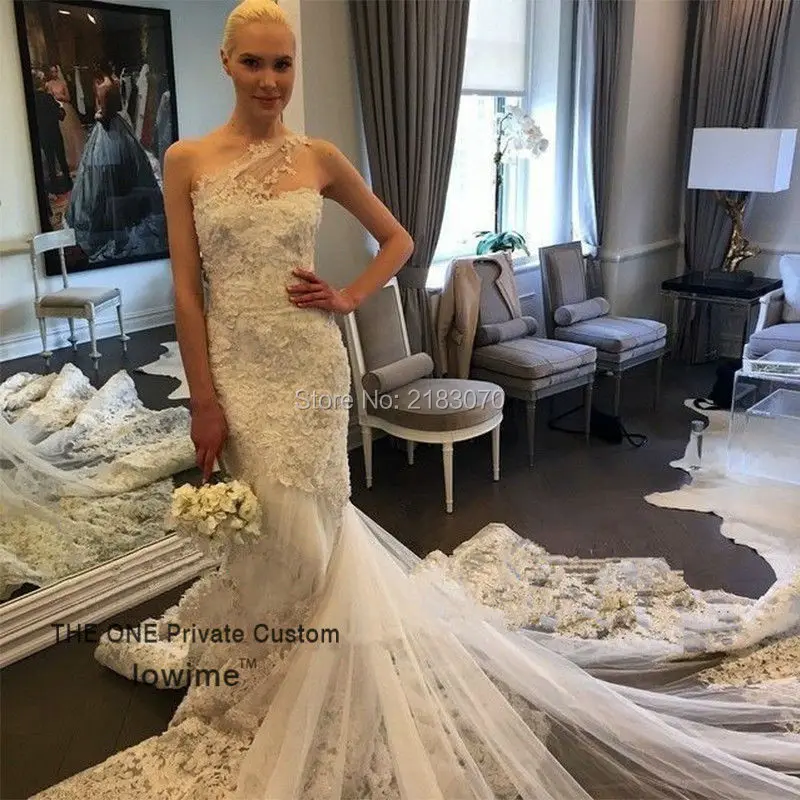 Одно Плечо Кружева Свадебные Платья 2017 Русалка С Собор Поезд Vestido Де Noiva Широкий
