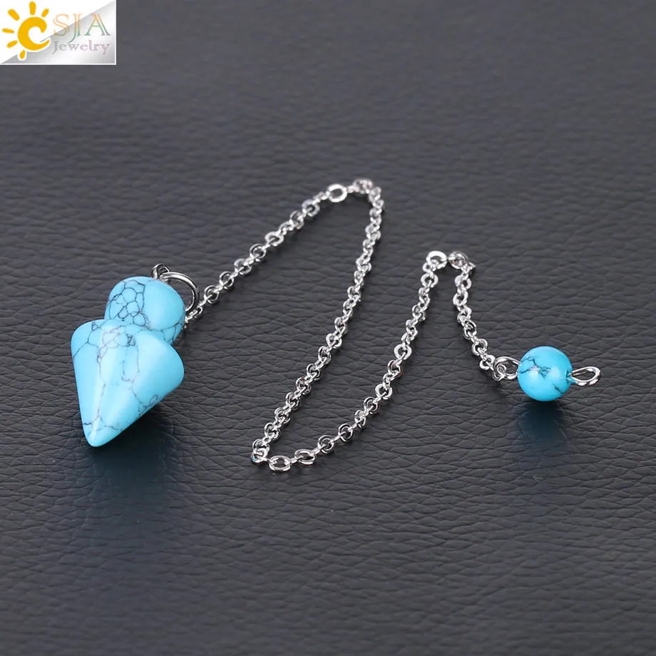 Blue Turquoise CSJA розовый с кварцевым тигровым глазом маятник конус натуральный камень конусный кулон с цепочкой придавая Исцеление ювелирные изделия для женщин мужчин F376 - Окраска металла: Blue Turquoise