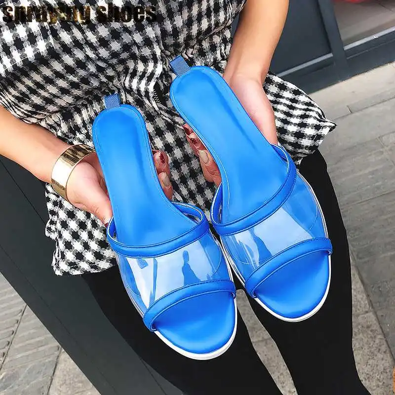 Модные прозрачные женские босоножки из пвх летние шлепанцы туфли на низком