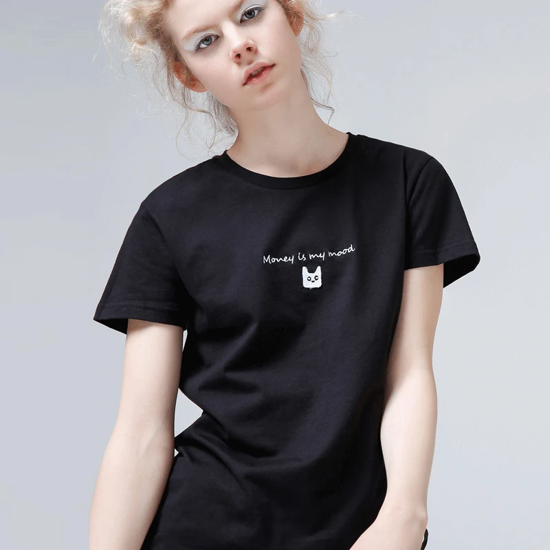 Toyouth Embroidery Cat Summer T-Shirts For Women Letter Short Sleeve Female Basic T Shirt All-Match Black White Tee Femme | Женская