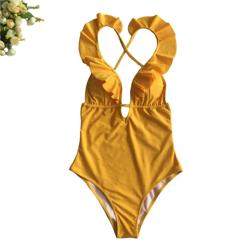 2019 женский купальник цельный с оборками v-образный вырез пляжный костюм