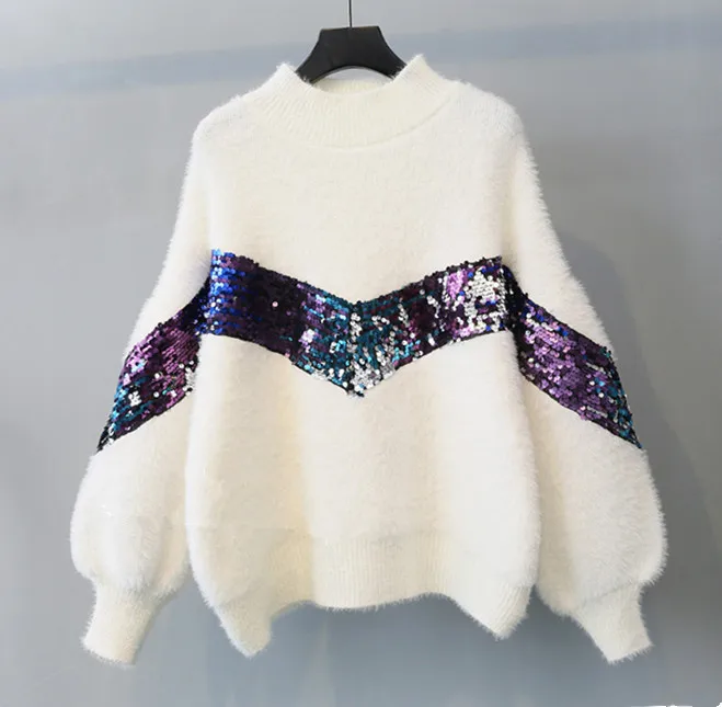 HAMALIEL 2018 Winter Women Thick Lantern Sleeve Mohair Sweaters Fashion White Patchwork Sequin Knitted Casual Loose Pullover | Женская