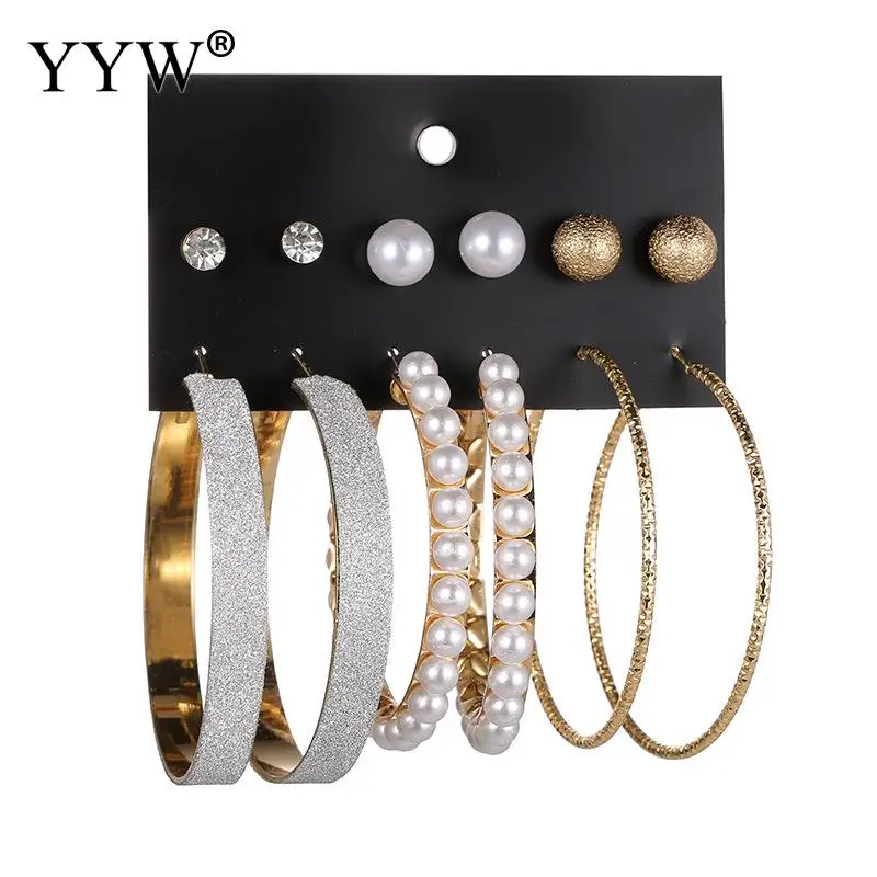 6 шт./лот серьги кольца с большими кристаллами модные пластиковые жемчужные