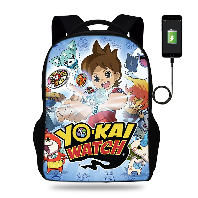 Мультфильм йо Кай часы USB зарядка Рюкзак мужской Mochila Escolar Ноутбук Мужские