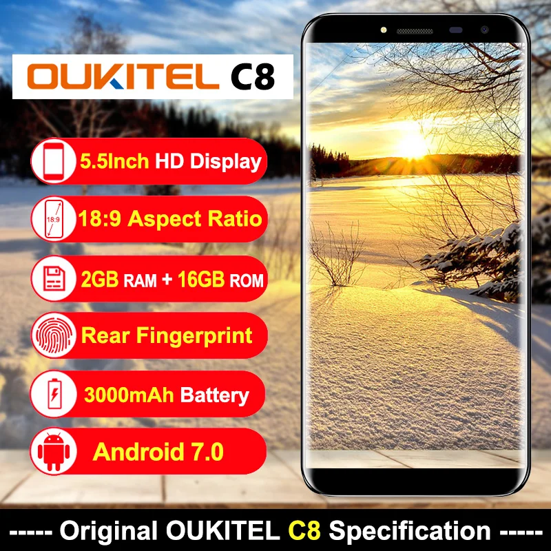 Oukitel C8 3g 5 дюймов 18:9 Дисплей 3000 мАч Android 7 0 MT6580A 4 ядра смартфон 2 Гб Оперативная