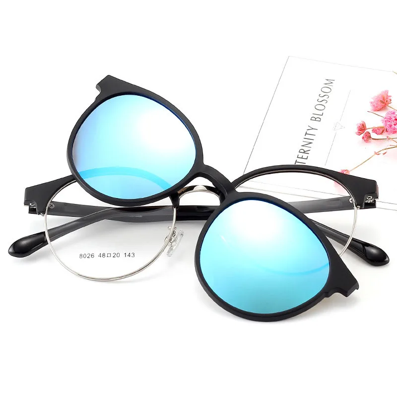 black silver blue Женские винтажные очки без оправы, круглые очки без рецепта, прозрачные линзы с магнитным зажимом, поляризованные солнцезащитные очки - Цвет оправы: black silver blue