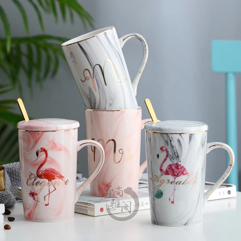 Креативная керамическая мраморная кофейная кружка Ms/Mrs с фламинго чашка для