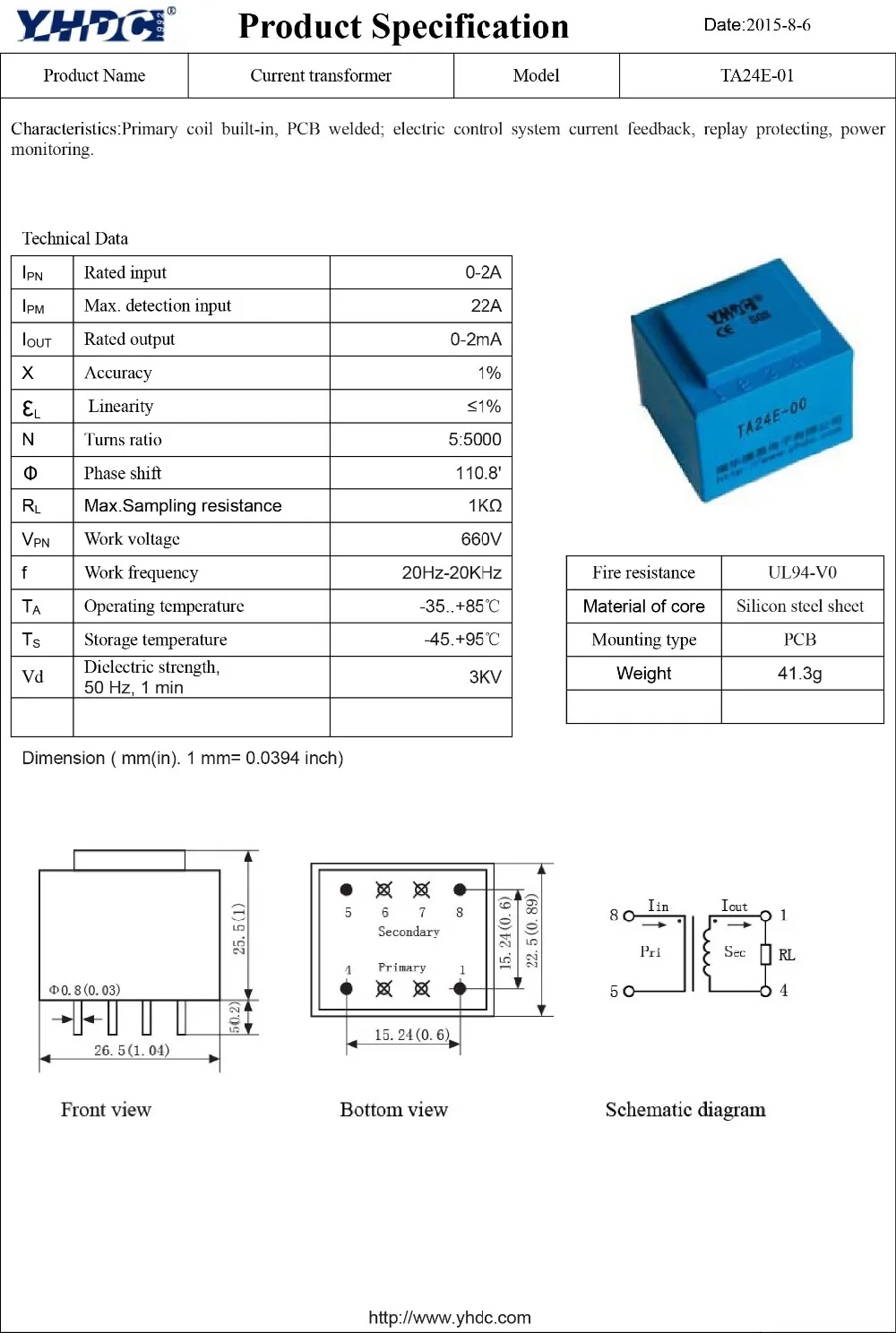 YHDC TA24E-01 Первичная катушка встроенный тип трансформатор тока вход 0-2A выход 0-2mA 5:5000 монтажа на печатной плате