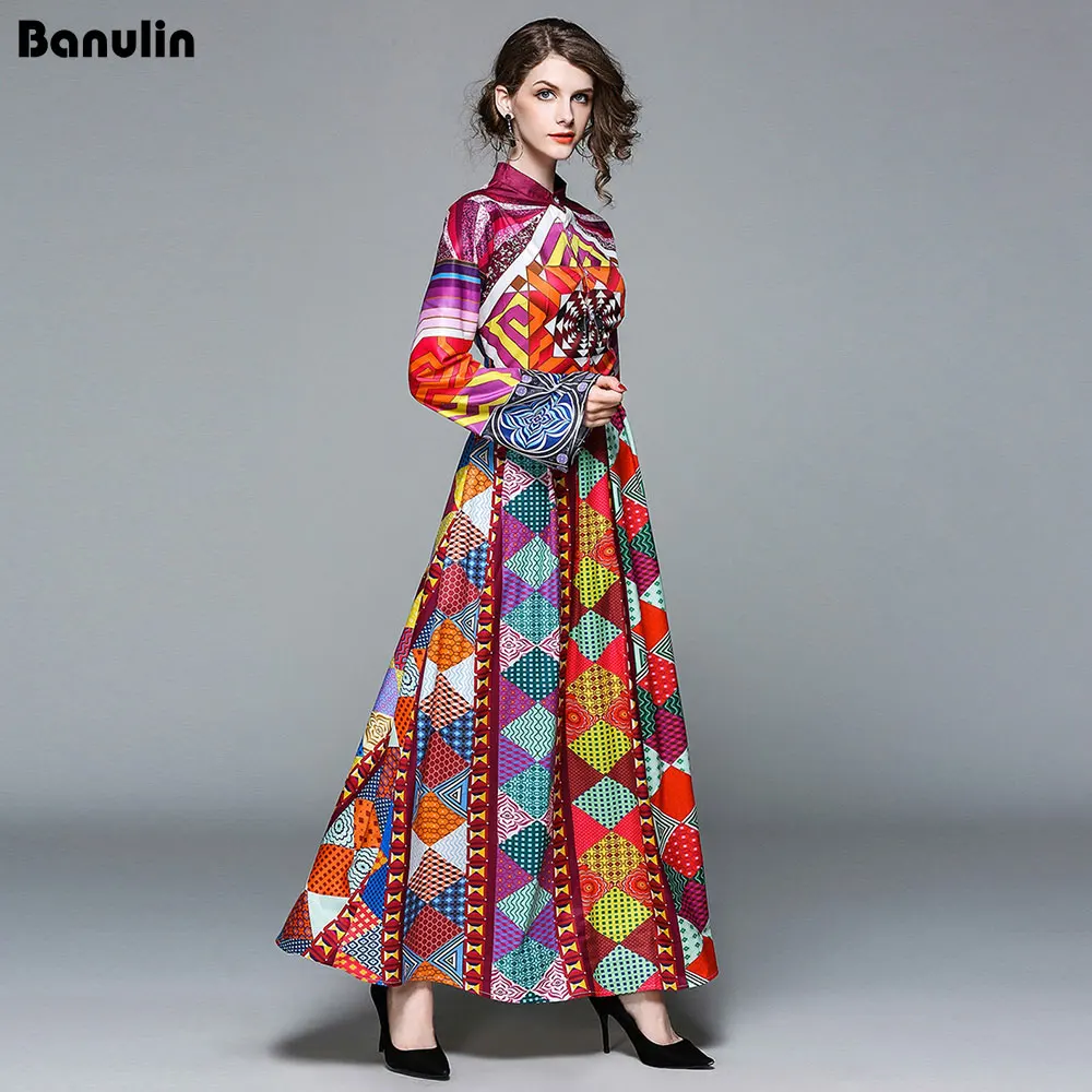 Banulin, высокое качество, новинка, осенняя мода, подиум, макси платья, женские, длинный рукав, с принтом, племя, винтажное, длинное, Великолепное платье