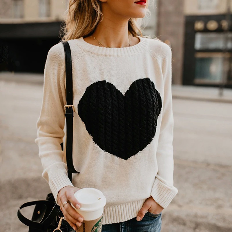 Autumn Winter Women O-neck Knitted Sweaters Heart Cute Long Sleeve Pullover Knitting Sweater Casual Patchwork Pullovers | Женская одежда