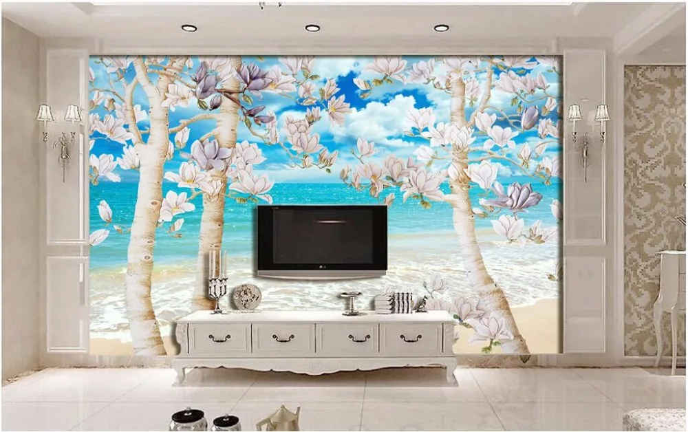 

3d wallpaper custom photo Blue sky sea magnolia tree decor painting room 3d wall murals wallpaper for walls 3 d