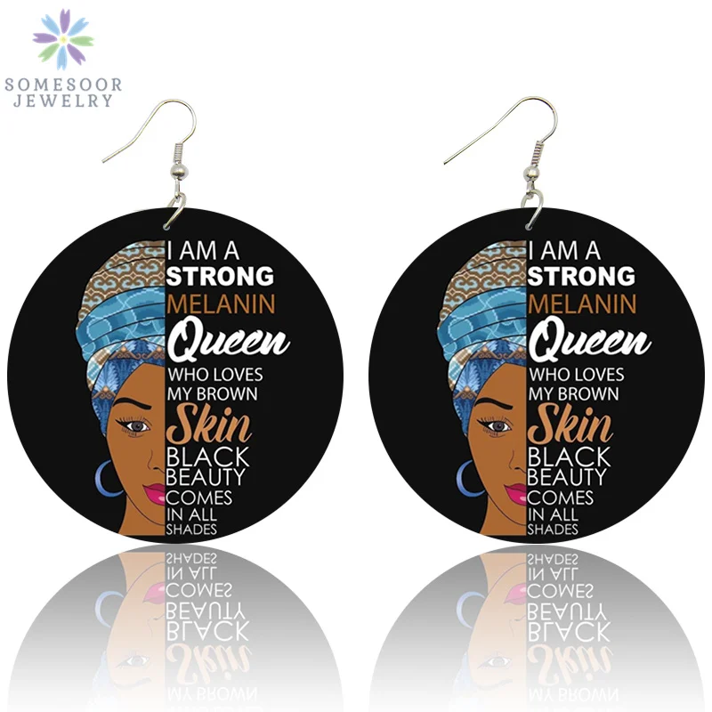 SOMESOOR напечатанные черные красивые hccu queen африканские деревянные висячие серьги сильный меланин афро дерево кулон ювелирные изделия для леди женщин подарок - Окраска металла: Both Sides Print 3