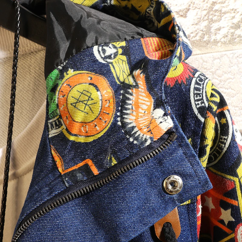 Мужская джинсовая куртка с капюшоном MIACAWOR весенняя цветочным принтом верхняя