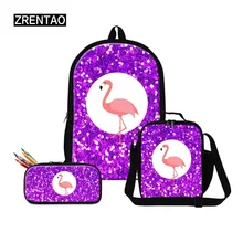 ZRENTAO new fashion mochila girls cartoon flamingo print backpack +lunch cooler+pencil bags 3PCS\set polyester children backpack