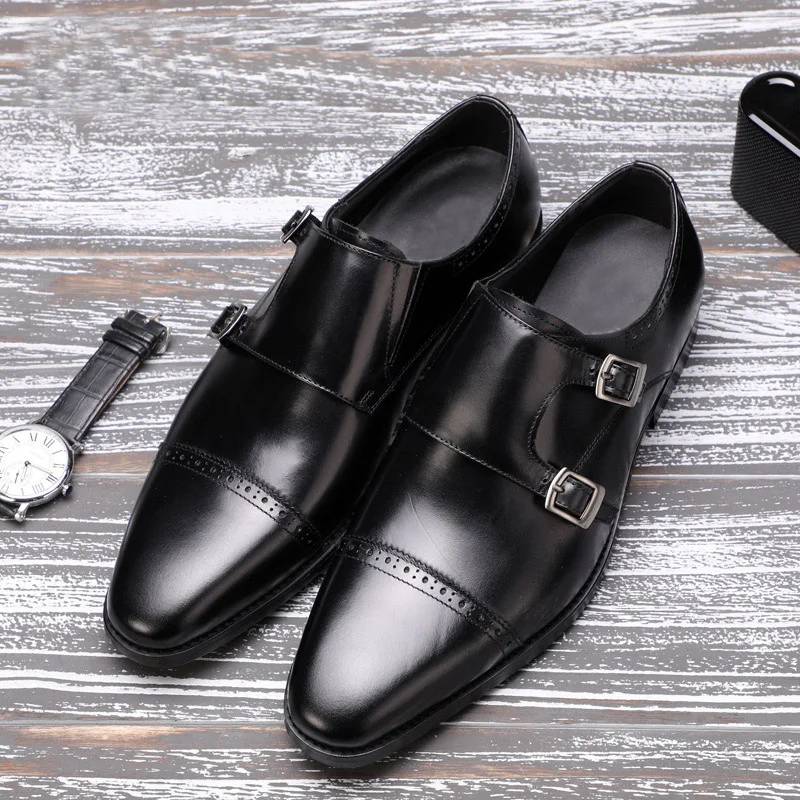 2019 men shoes brand luxury casual Brogue Shoes With Buckle Straps Genuine Leather Black Party Wedding | Обувь