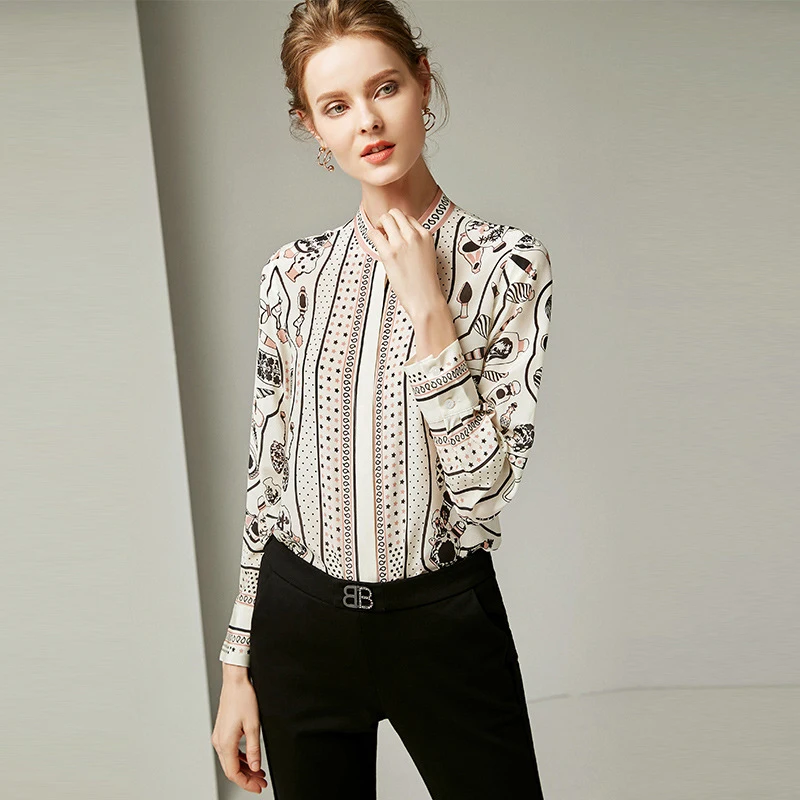 Женская блузка из натурального шелка с круглым вырезом и длинными