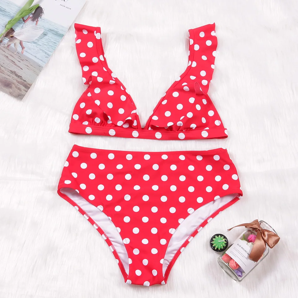 TCBSG New Arrival Push Up Bikinis Women Swimsuit Swimwear Ruffle Bandeau Brazilian Dot High Waist Bikini Set Biquini XL