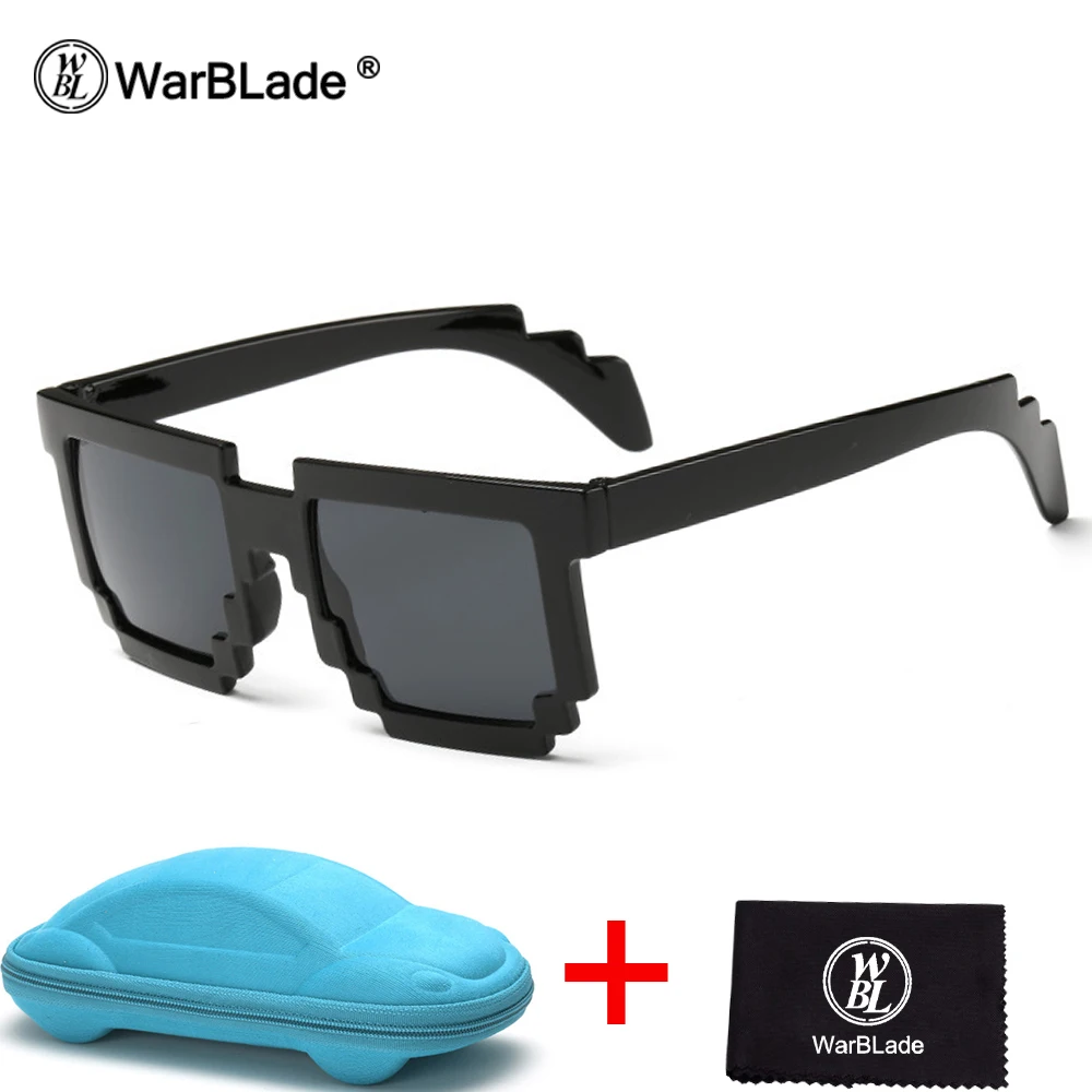 black blue case Модная детская одежда Солнцезащитные очки для женщин квадратный мозаика Защита от солнца Очки детей Pixel Солнцезащитные очки для женщин Мода Обувь для мальчиков Обувь для девочек Очки с случае warblade - Цвет линз: black blue case