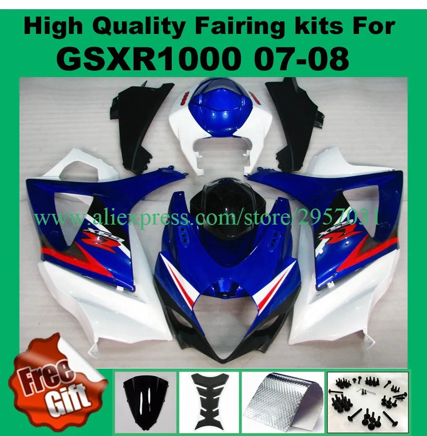 

9Gifts, Injection fairings for SUZUKI GSXR1000 07 08 GSX-R1000 2007 2008 GSXR 1000 K7 K8 Fairing kit blue white black + screws