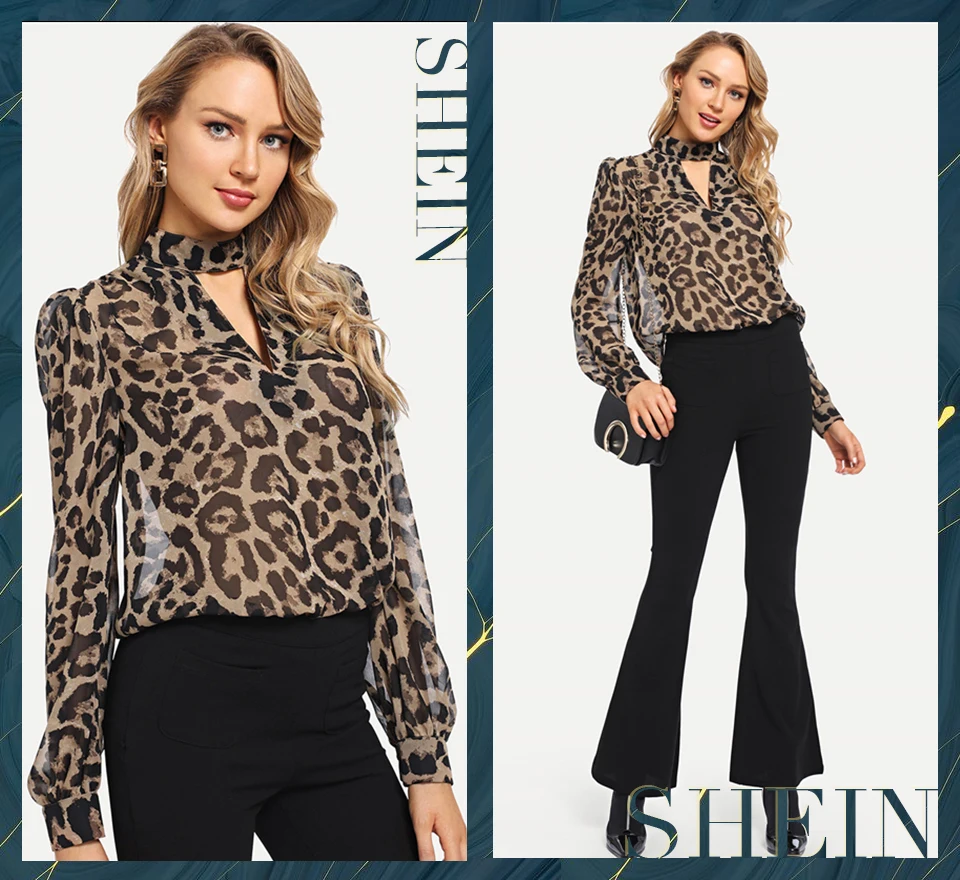 SHEIN многоцветная офисная женская блузка с воротником-чокер и леопардовым принтом, с вырезами, с длинным рукавом, осенняя рабочая одежда, модные женские топы и блузки