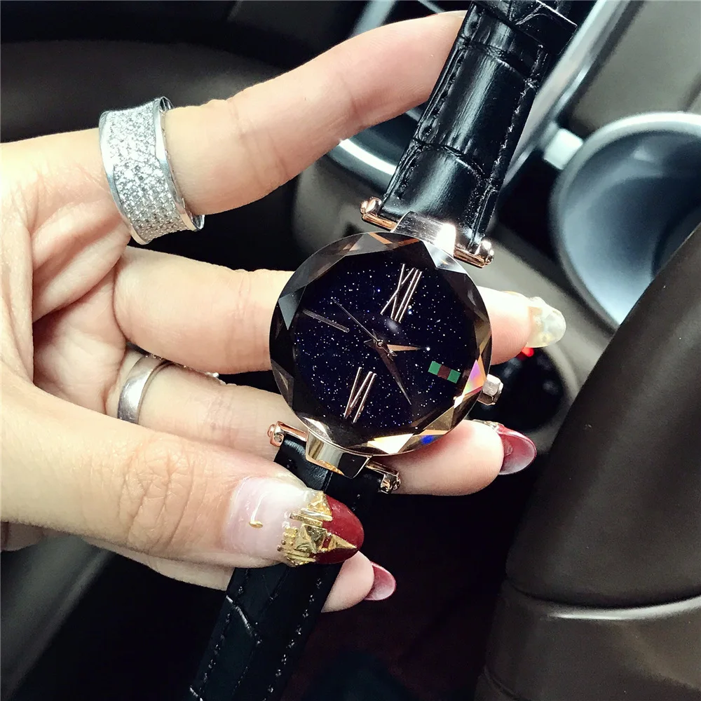 Women Wrist Watch Leather With Glass Japanese Watch Movement Starry Design Waterproof Plated Flat Round For Woman