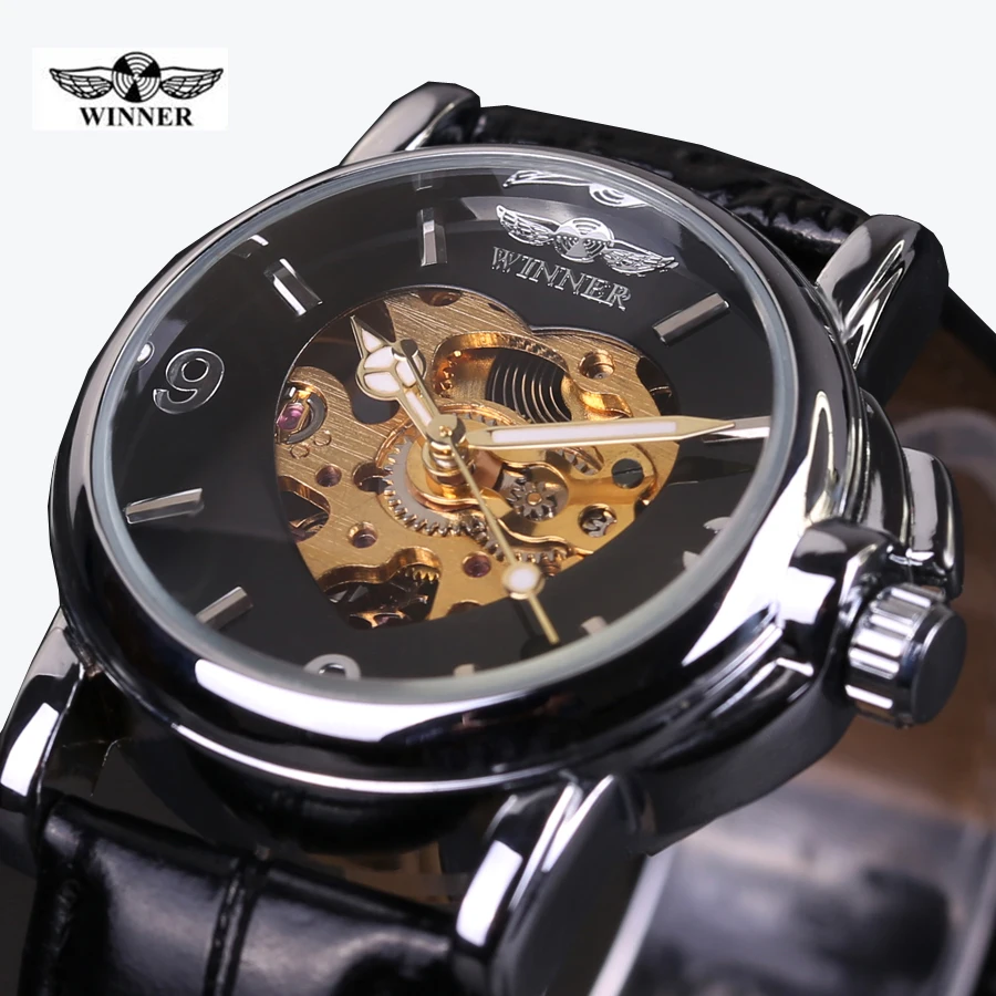 Fashion Brand Winner Leather Band Women Men Skeleton Automatic Mechanical Watch Dress Wrist | Наручные часы
