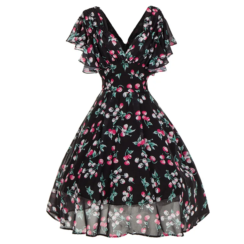 Женское платье средней длины с v образным вырезом и оборками винтажное милое