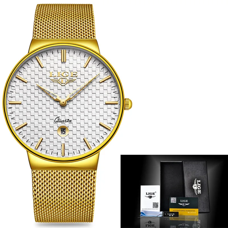 Gold white LIGE, мужские часы, роскошный бренд, часы для мужчин, модные спортивные кварцевые часы, нержавеющая сталь, сетчатый ремешок, ультра тонкий циферблат, часы с датой - Цвет: Gold white
