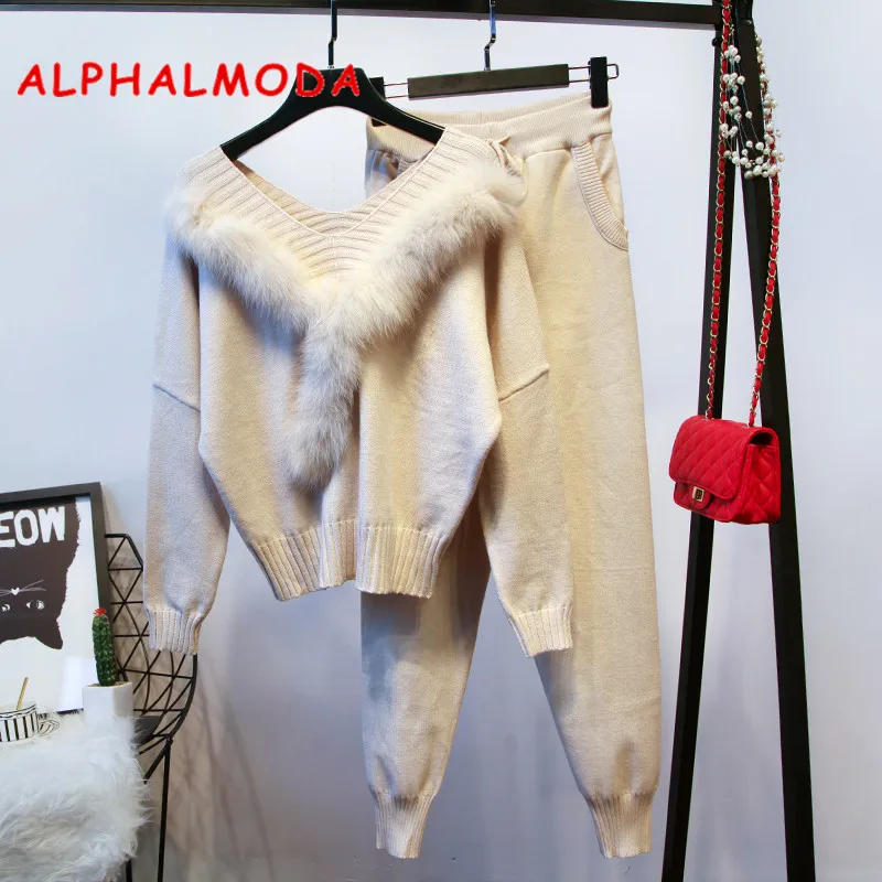 ALPHALMODA свитер с воротником из натурального меха + штаны женский зимний модный