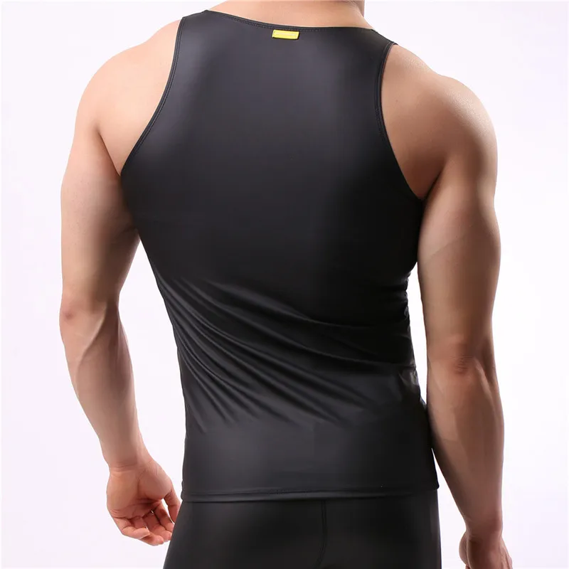 PU Leather O-neck Men Undershirts Sexy Sleeveless Shirts Men Imitatiion Faux Leather Undershirts For Casual  Wear Plus Size XL