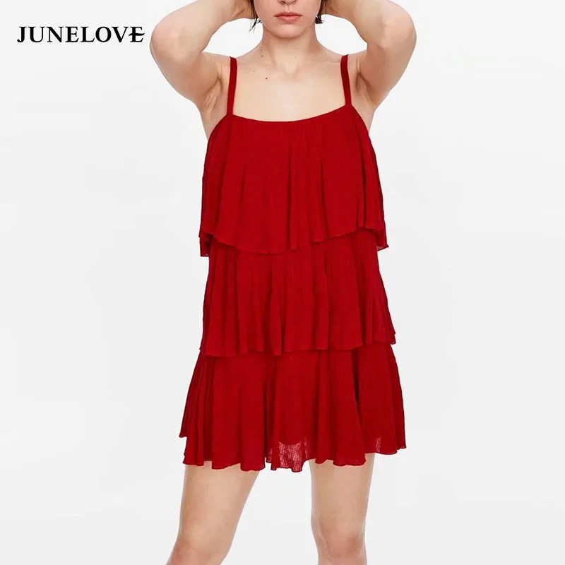 Женское платье на бретельках JuneLove винтажное свободное прямое с оборками