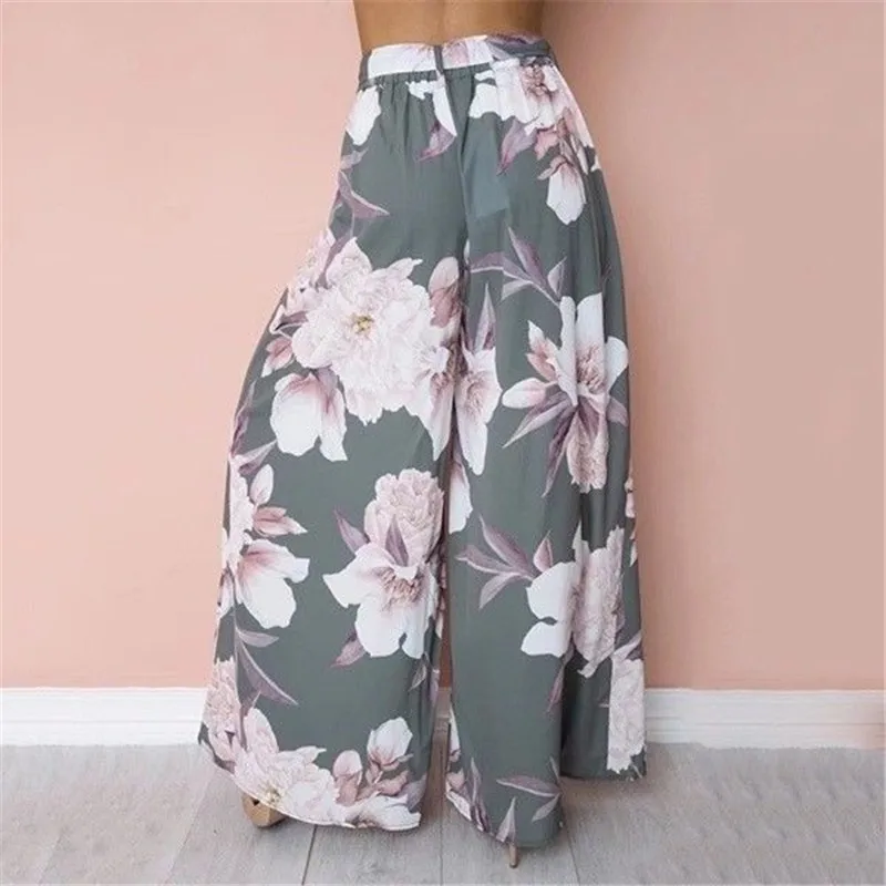 

Women Boho Floral Long Pants Palazzo Baggy Wide Leg Summer Casual Beach Trousers