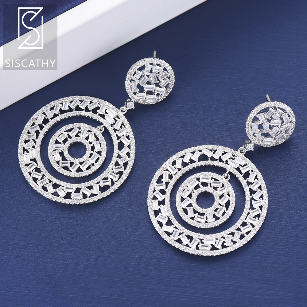 SisCathy 39*58 mm Fashion Big Circle Hollow Statement Earrings New Cubic Zirconisa Dangle Drop For Wedding Engagement | Украшения и