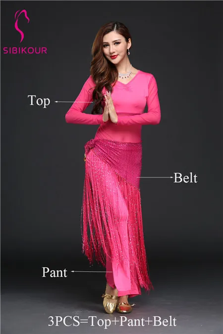 Rose Red 3pcs Женский костюм для танца живота практическая одежда Восточный Болливуд индийский хип шарф Топ пояс для брюк сценическая одежда тренировочная одежда с длинными рукавами - Color: Rose Red 3pcs