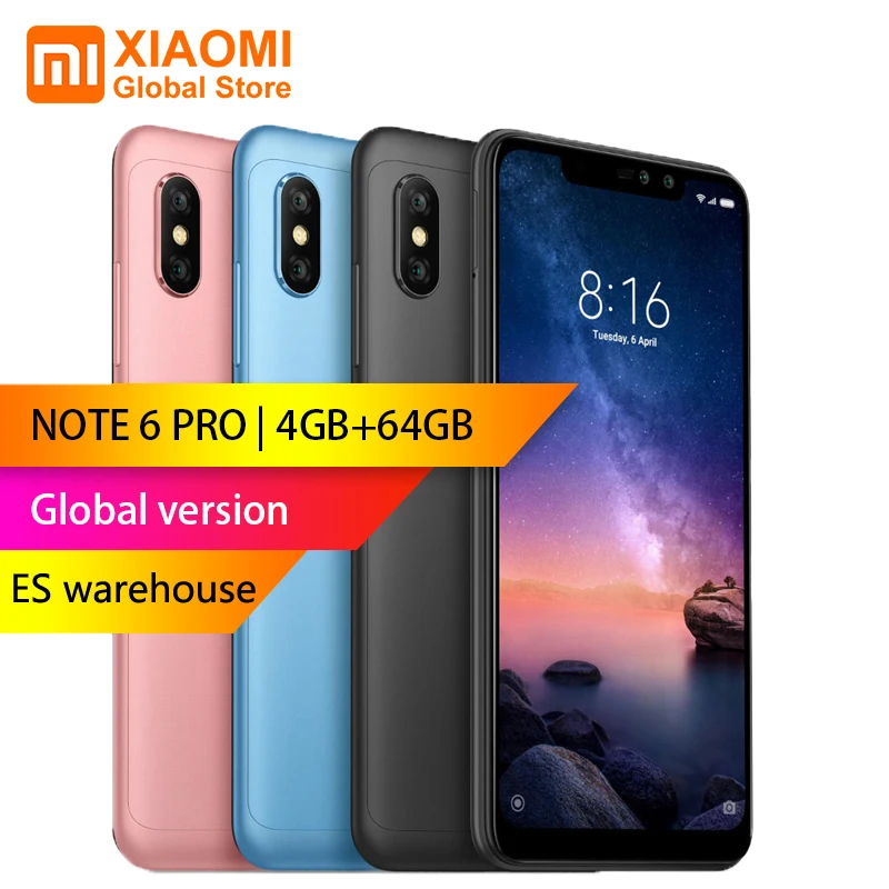 Глобальная версия Xiaomi Redmi Note 6 Pro 4 Гб 64 26 дюйма FHD + Восьмиядерный процессор Snapdragon 636
