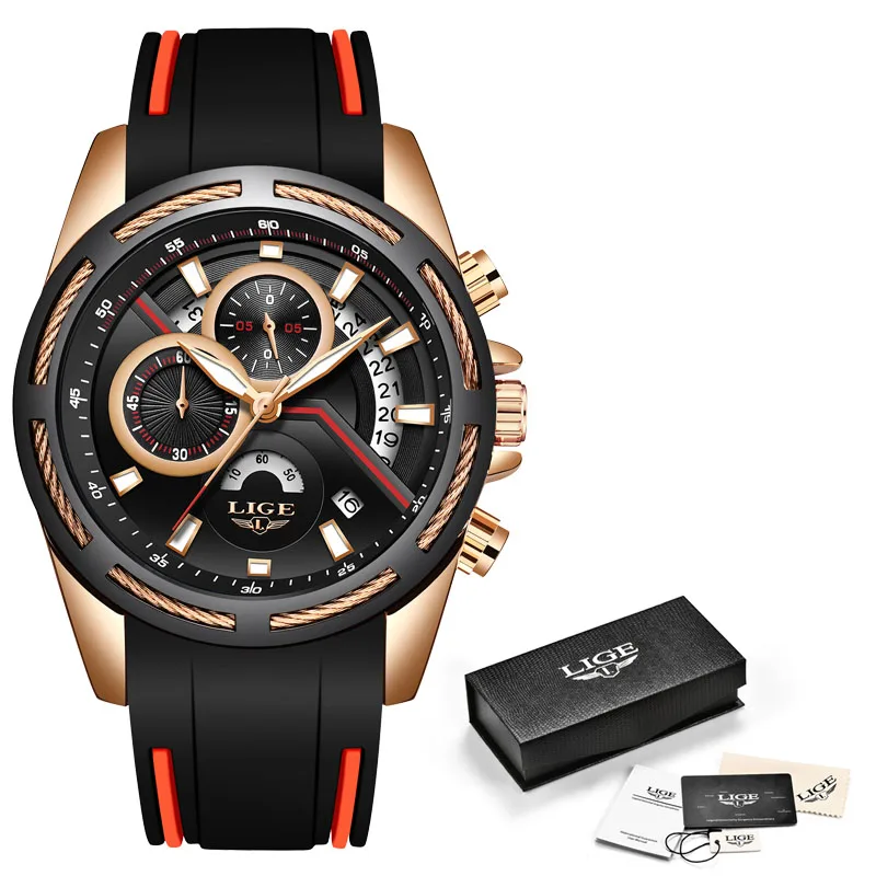rose gold black LIGE, мужские спортивные часы, хронограф, силиконовый, Автоматическая Дата, водонепроницаемые, кварцевые часы для мужчин, s, лучший бренд, роскошные часы, Relogio Masculino - Цвет: rose gold black