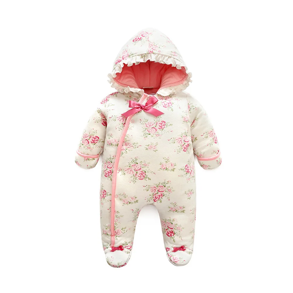 

Newborn Baby Girl Clothes Winter Thicken Warm Floral Princess Jumpsuit Hooded Kids Cotton Baby Romper Dress Toddler Outerwear