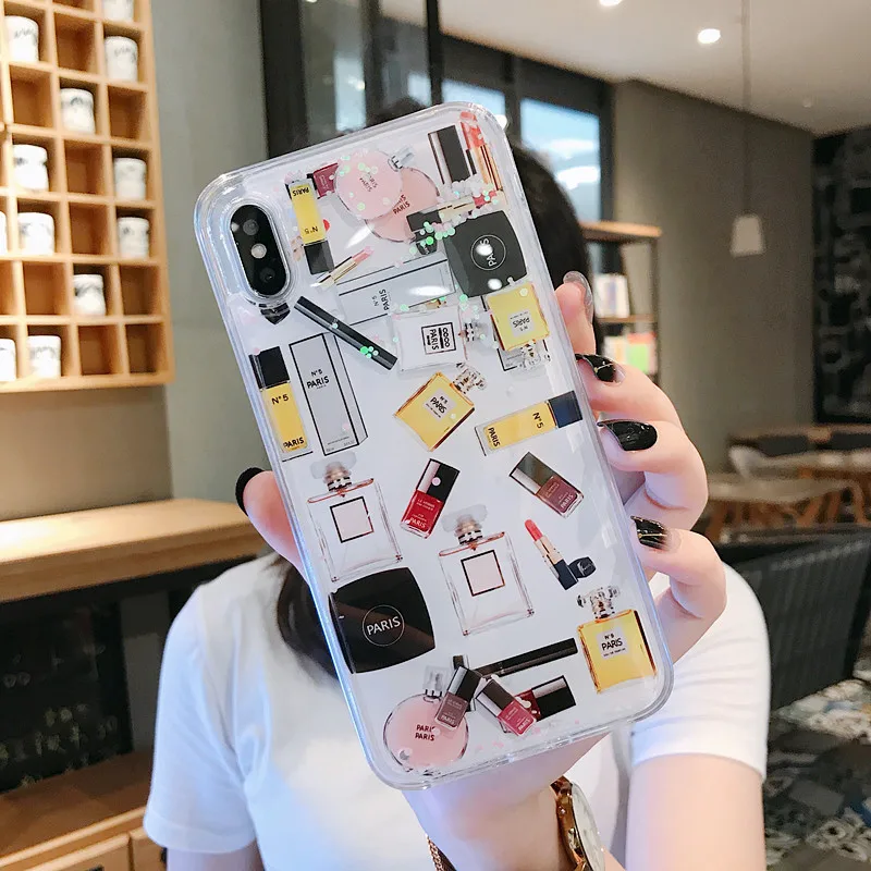 Макияж Косметический Чехол с сияющими блестками для iPhone XR X XS Max помада флакон для парфюма динамическая жидкость чехол для iPhone 6 6s 7 8 Plus чехол