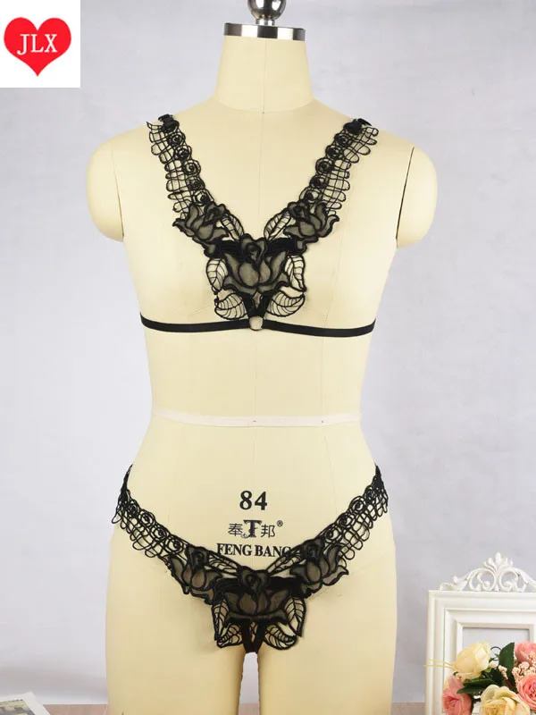 

Black lace gothic harness / halter top and sexy lace thong body harness 90's wear fetish body harness cage bra top harness bra