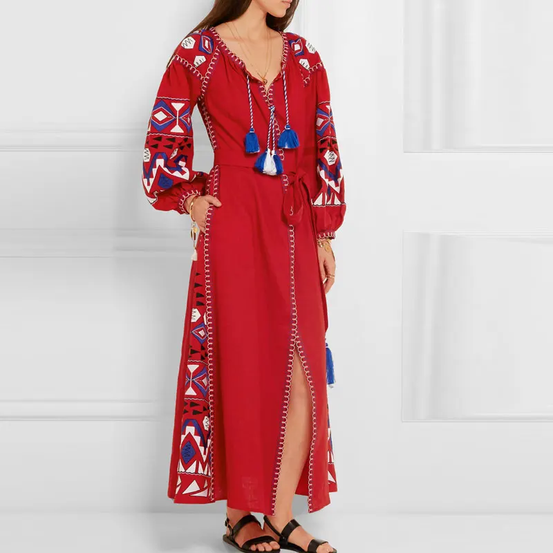 Новинка 2018 богемное хлопковое и льняное платье макси с вышивкой бахромой