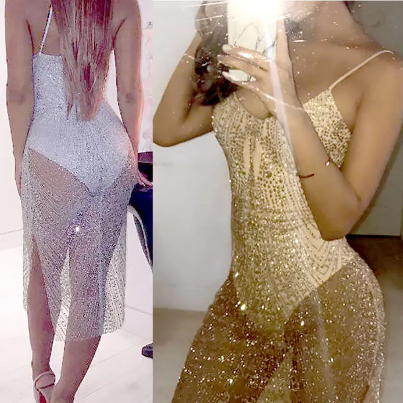 Летнее женское платье Бандажное без рукавов прозрачное сексуальное блестящее