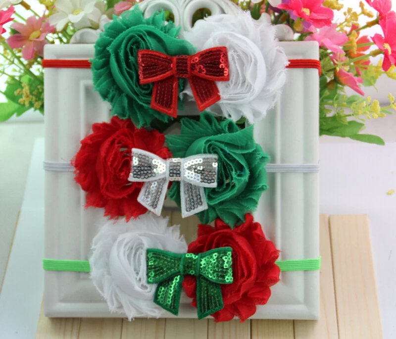 20pcs/lot FOE Headband Red Green White Shabby Flowers Sequin Bow Christmas Hair Accessories Free Shipping |
