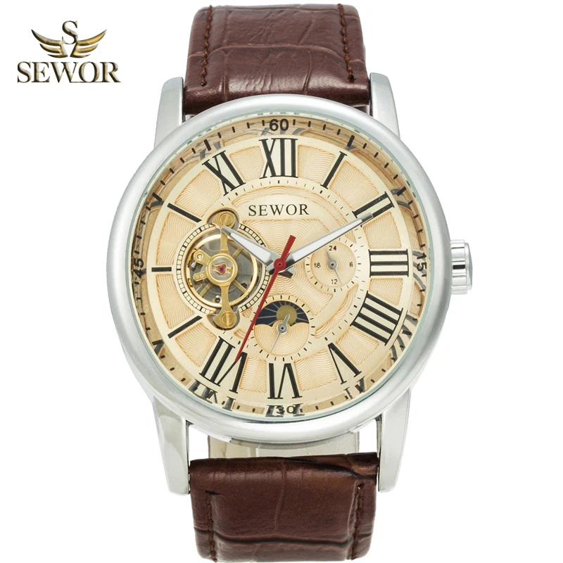SEWOR люксовый бренд для мужчин s Топ Мода Высокое качество кожаный ремешок Tourbillion автоматические часы для мужчин спортивные часы relogio masculino