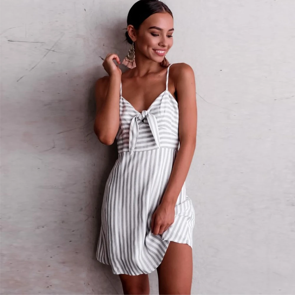 LISM пикантные Тонкие Бретельки женский сарафан V шеи лук узел спинки A Line Vestidos